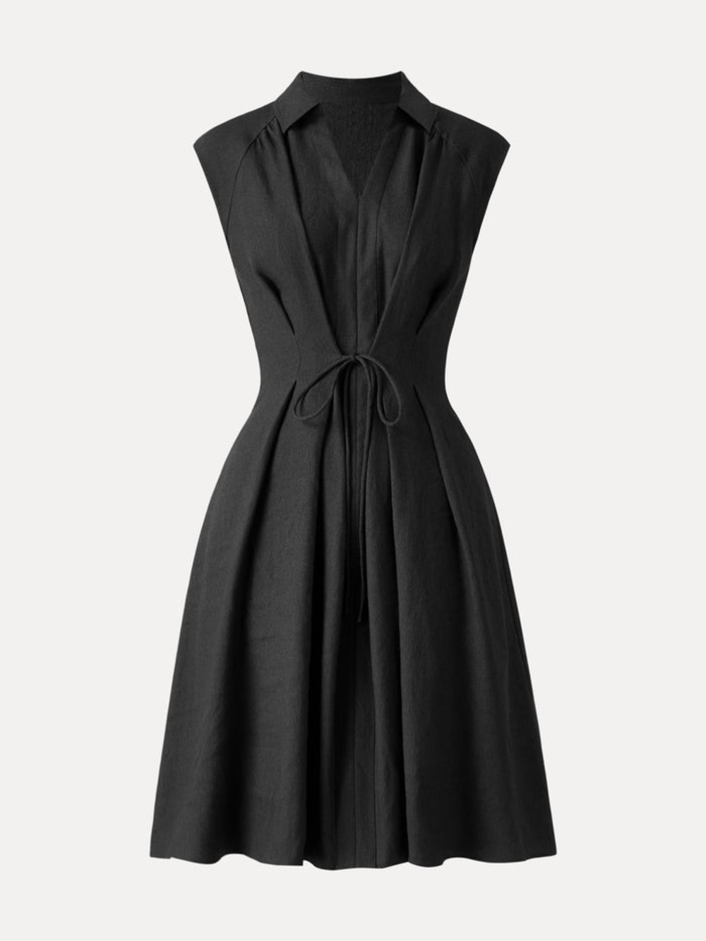 OGL Viscose-Linen Collared V-neck Midi Dress with Drawstring in Black size S NWT